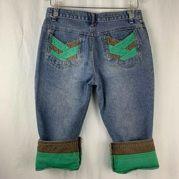 Wear Jeans 28 Med Wash Capri 6 Pocket Zipper Cuffed Color Blocked Button Zip Fly - Picture 8 of 10